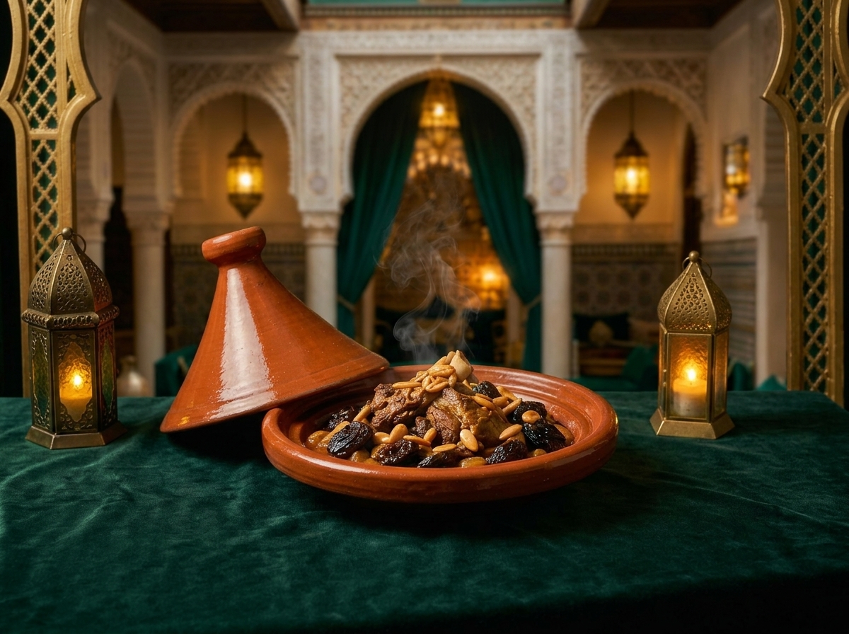 Tajine signature à l'agneau, pruneaux et amandes